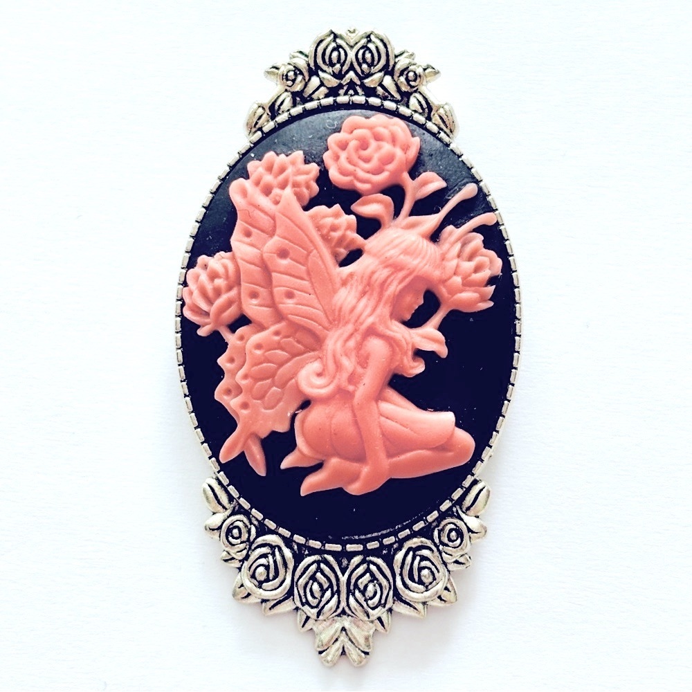 Black and Pink Fairycore Handmade Cameo Brooch, NWT